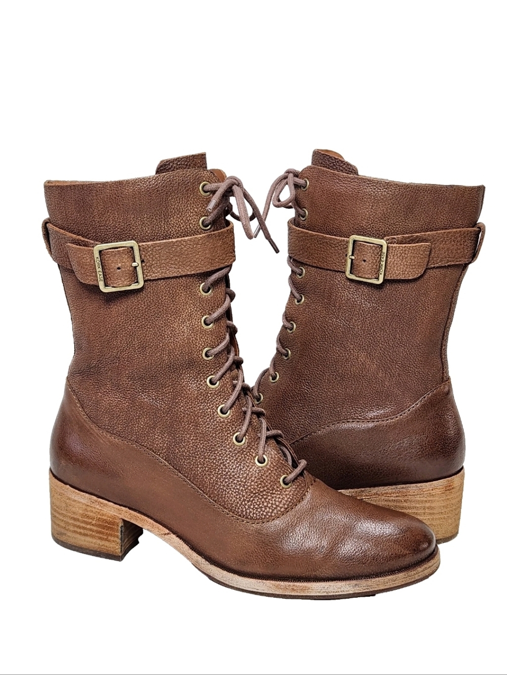 KORK-EASE Mona Leather Combat Boots Sz 9.5 Brown Lace Up Buckle Strap Zip
